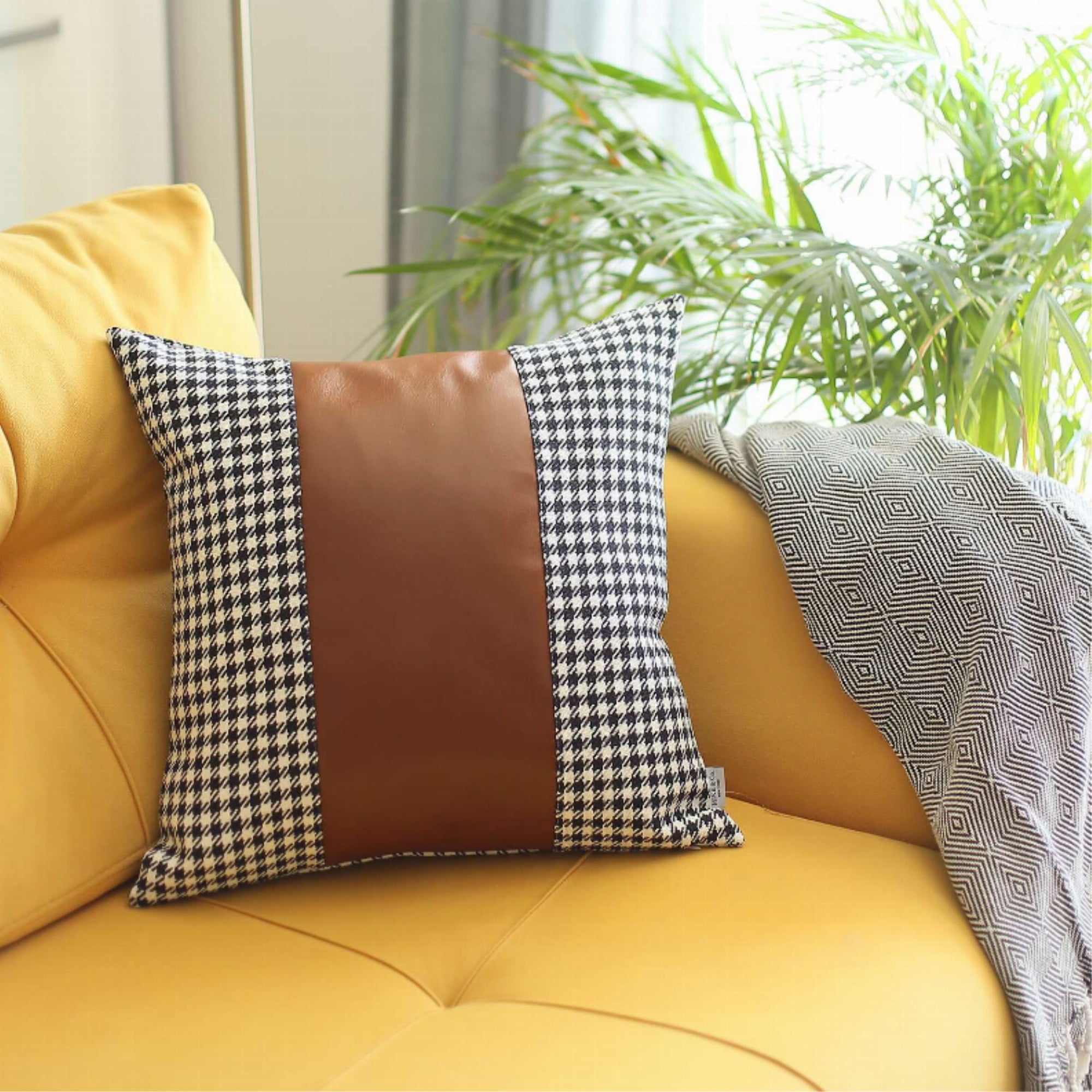 Boho-Chic Black and Brown Vegan Faux Leather Houndstooth Lumbar Pillow Cover