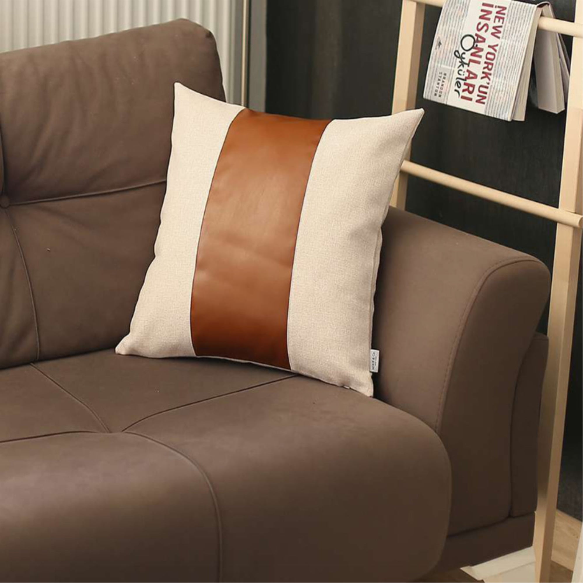 Ivory and Brown Faux Leather Lumbar Throw Pillow