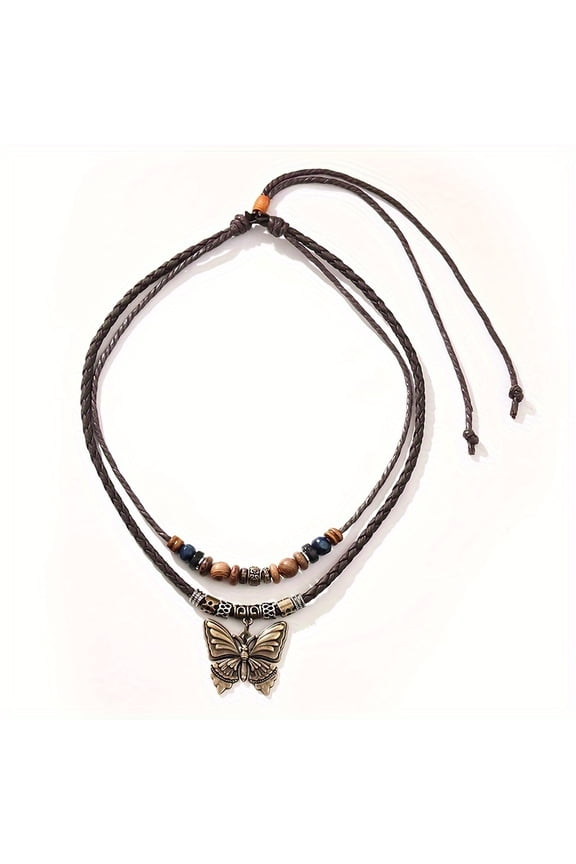 Boho-Chic Vintage Butterfly Pendant Necklace with Multi-Layer Beads, Adjustable Cord & Metal Accents Bohemian Jewelry for Casual Attire, Everyday Necklace | Bohochic Style | Metallic Accents,QN162