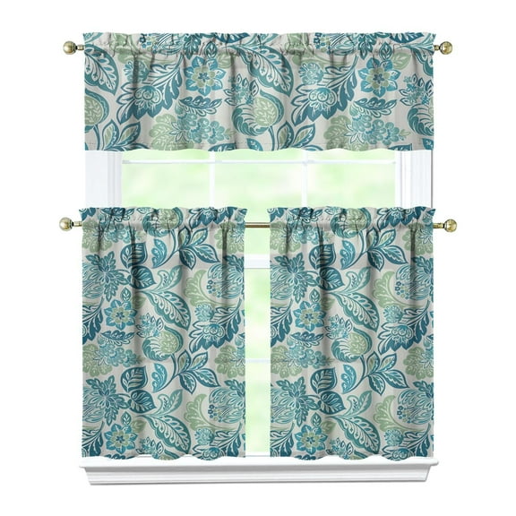 Boho Chic Vintage Kitchen Curtains 3 Piece Set - Tribal Patterns Tier & Valance for Small Windows