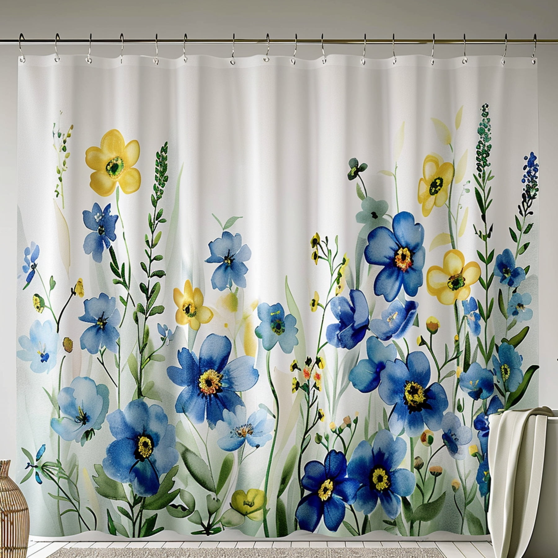Boho Chic Watercolor Floral Shower Curtain with Blue and Yellow Flowers