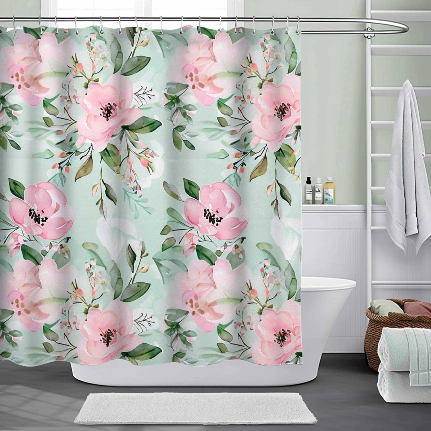 Boho Chic Watercolor Pink Floral Shower Curtain with Light Green Pastel ...
