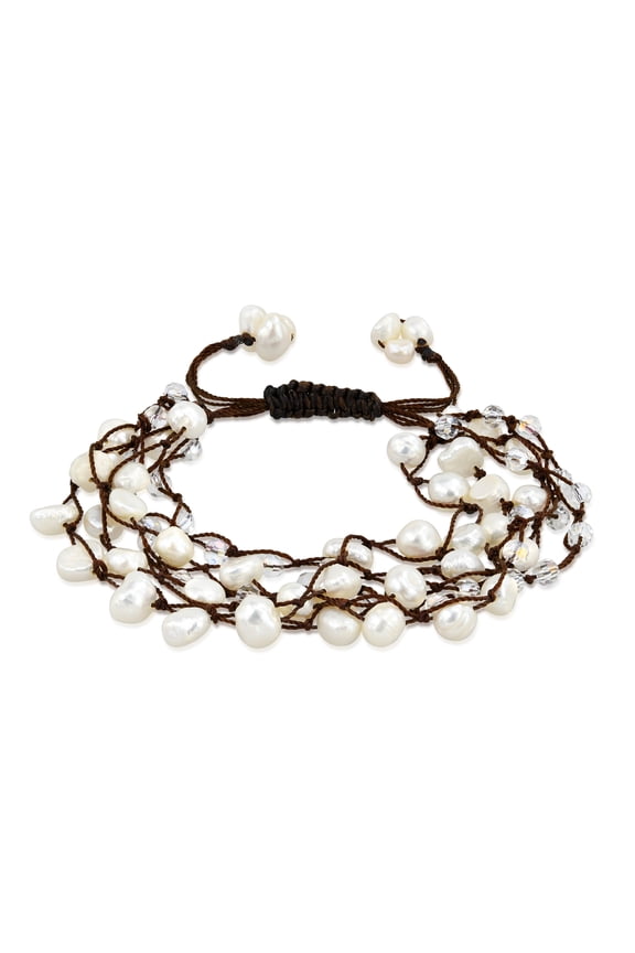 Boho Chic White Pearls & Crystals Adjustable Rope Pull Slide Tribal Bracelet