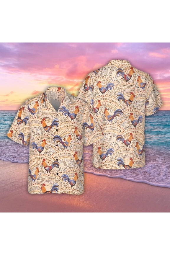 Boho Chicken Pattern Hawaiian Shirt, Funny Chicken Button Shirt, Summer Vibes Gift, Travelling Clothing, Rooster Tropical Tee