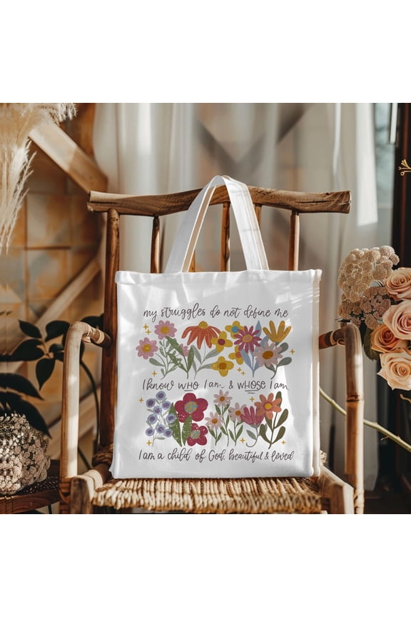 Boho Christian Canvas Tote Bag for Women | I Am a Child of God Beautiful & Loved Floral Christian Affirmations | Religious Gift for Church, Shopping & Everyday Use