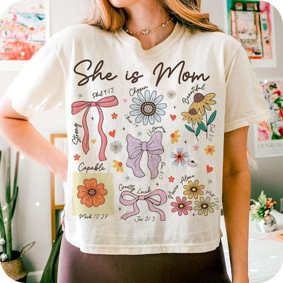 Boho Christian Mama T-Shirt, She Is Mom Floral Shirt, Bible Verse Wildflower Tee, Mother’s Day Gift T-Shirt