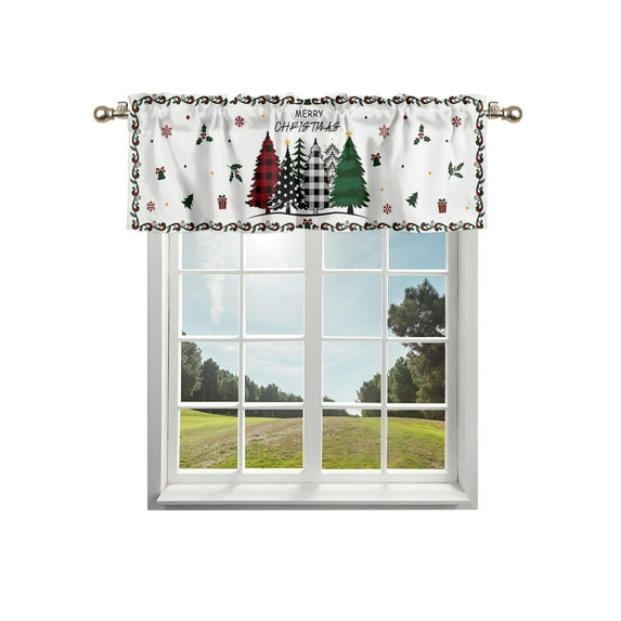Boho Christmas, Kitchen Curtain Valances for Windows Farmhouse Short Curtains, Geometric Bohemia Plaid Dot Trees Rod Pocket Valance Curtain for Bedroom Cafe Living Room 56"x16"