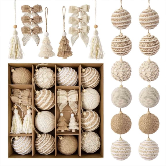 Boho Christmas Ornament Set 22 Pieces Woven Baubles Bows And Tassels, Beige, 12.6 In Box