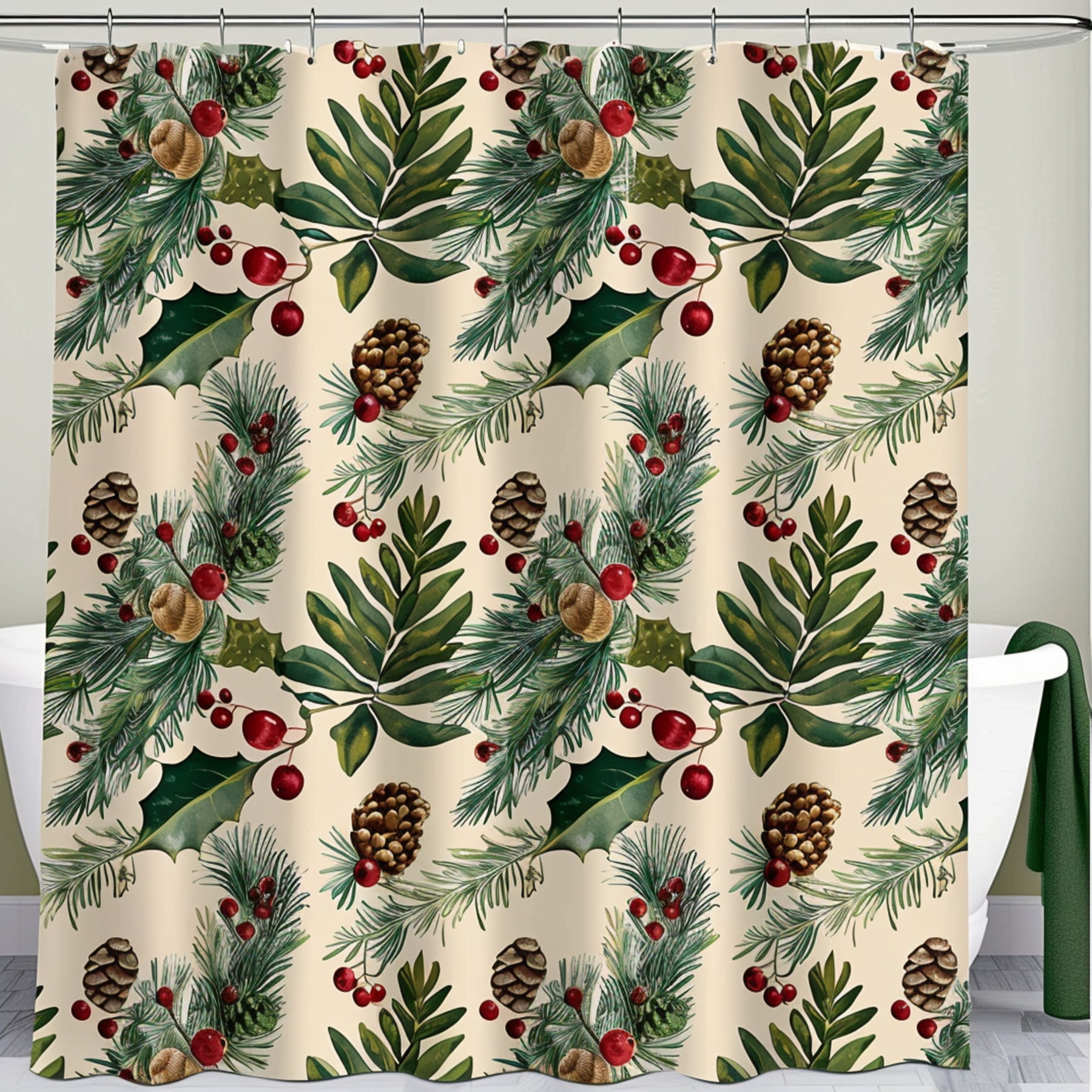 Boho Christmas Shower Curtain Mistletoe Holly Pine Trees Beige ...