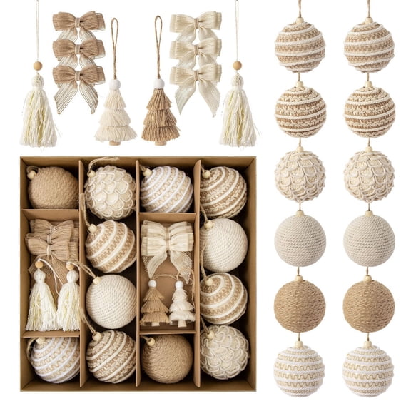 Boho Christmas Tree Ornaments Set-22 Pcs Burlap Christmas Tree Decorations Jute Rustic Neutral Skirt Topper Bows Ball Poinsettia Snowflake Hanging Ornament Bulk for Farmhouse Xmas Party Decor