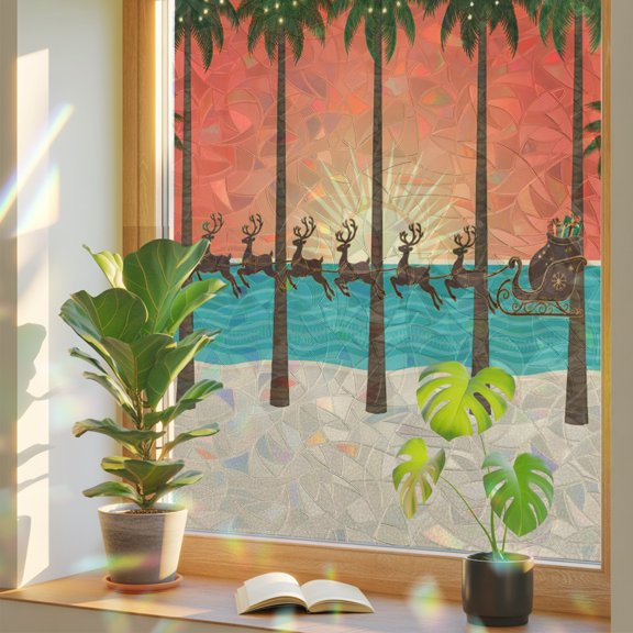 Boho Christmas Window Privacy Film Rainbow Static Cling Stain Glass Window Film for Glass Door, Decorative Sunroof Decal Sticker for Car Home 17.7"x78.7" Coastal Beach Xmas Elk Coconut Tree