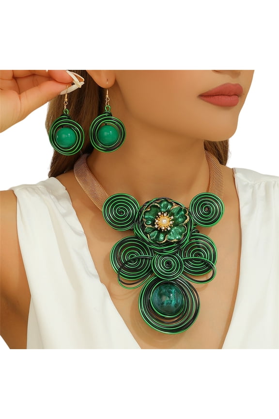 Boho Chunky African Statement Aluminum Wire Flower Necklace Earring Set Fashion Costume Accessories For Women Party Office Wedding
