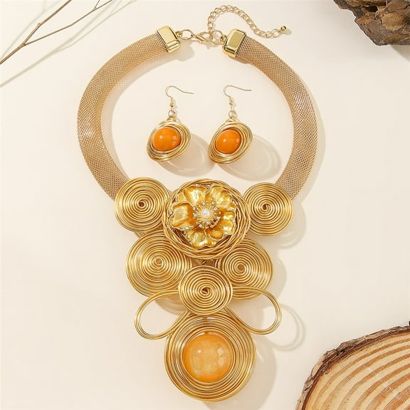 Boho Chunky African Statement Aluminum Wire Flower Necklace Earring Set Fashion Costume Accessories For Women Party Office Wedding