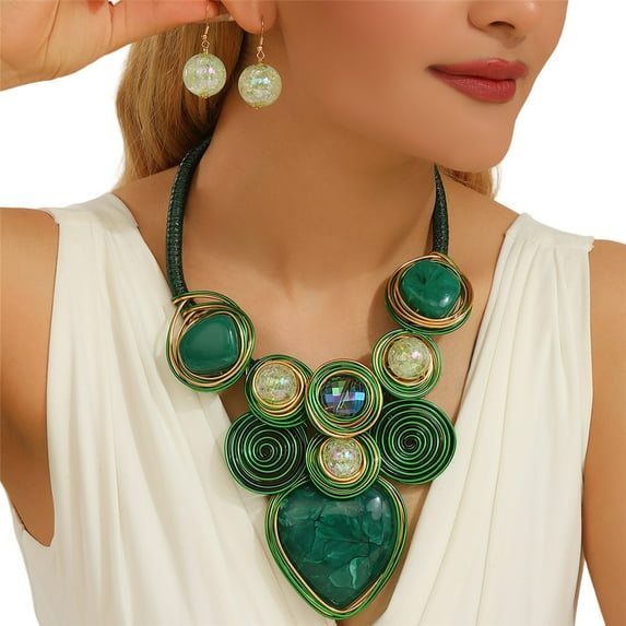 Boho Chunky African Statement Aluminum Wire Heart Necklace Earring Set For Women Tribal Fashion Costume Jewelry Earring Sets Unique Colorful Big Rhinestone Crystal Pendent Collar Choker