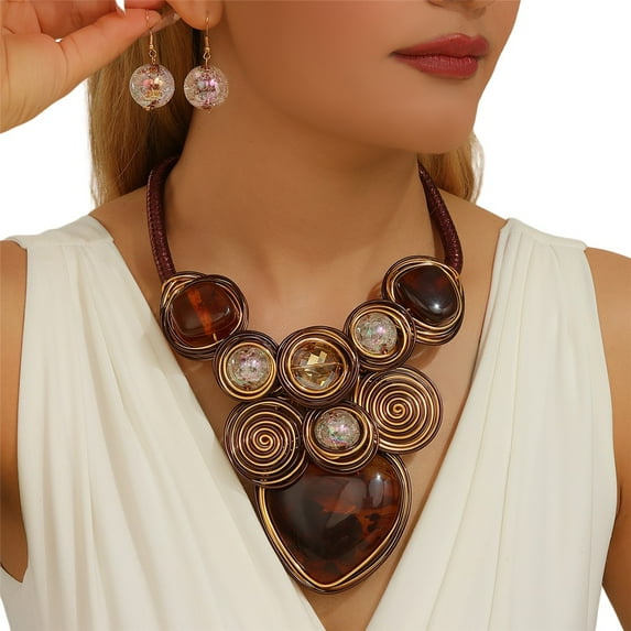 Boho Chunky African Statement Aluminum Wire Heart Necklace Earring Set For Women Tribal Fashion Costume Jewelry Earring Sets Unique Colorful Big Rhinestone Crystal Pendent Collar Choker