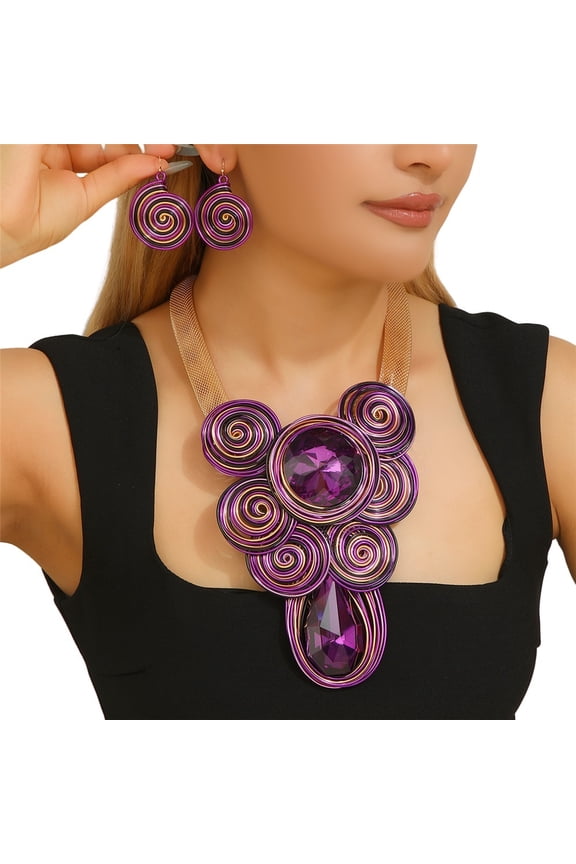 Boho Chunky African Statement Aluminum Wire Necklace Earring Set For Women Tribal Fashion Costume Jewelry Earring Sets Unique Colorful Big Rhinestone Crystal Pendent Collar Choker