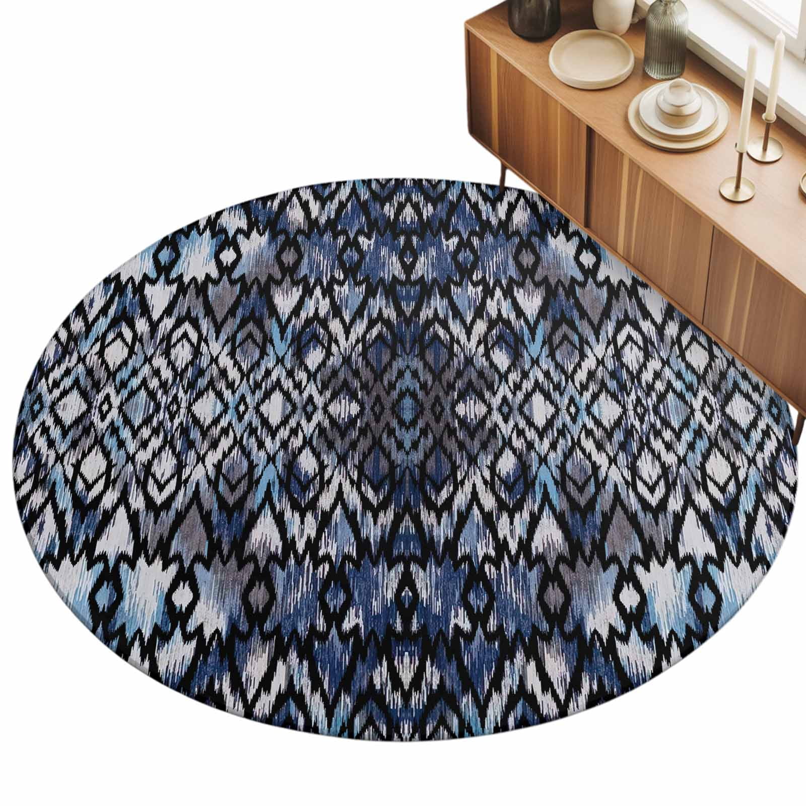 Boho Circle Area Rug, Blue Abstract Geometric Lines Texture Non-Slip ...