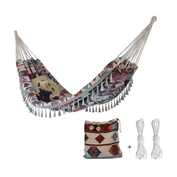 Boho Classic Hammock with Tassel, Handmade, Weather-Resistant, Hammock for Indoor & Outdoor, Lightweight Durable - for Patio, Porch, Backyard Lounging