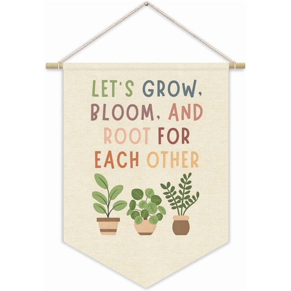 Boho Classroom Decor, Positive Affirmations Green Wall Decor Canvas Banner, Greenery Plant Classroom Lets Grow Bloom And Root For Each Other, Nature Education Wall Art Hanging Pennant Flag