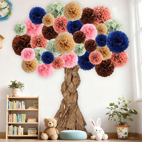 Boho Classroom Tree Bulletin Board Set DIY 3D Kraft Craft Cardboard Tree with Paper Pom Poms Motivational Educational Welcome Class Decor for Back to School Elementary Home Chalkboard Wall Decor