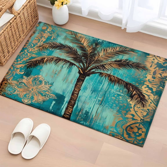 Boho Coastal Beach Bathroom Rug Washable 2x3 Entryway Rug Non Slip Summer Ocean Tropical Tree Flower Front Door Mat Low Pile Indoor Doormat Throw Floor Carpet for Kitchen Bedroom Entrance