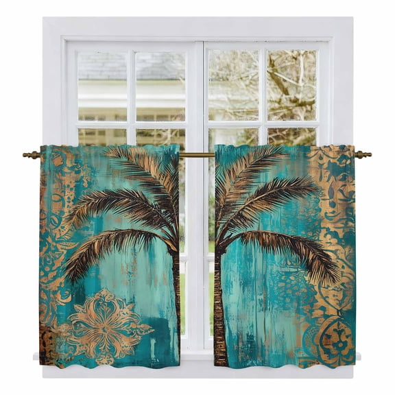 Boho Coastal Beach Kitchen Curtains, Summer Ocean Tropical Tree Flower Light Filtering Window Curtain Panels, 2Pcs Rod Pocket Window Treatments Set for RV Dining Room Study Room 42x54 Inches