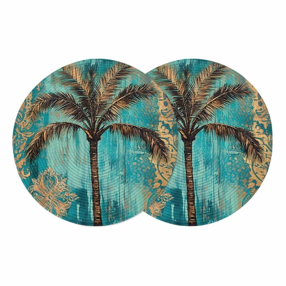 Boho Coastal Beach Round 13 Inch Placemats Set of 2, Summer Ocean Tropical Tree Flower HeatResistant Non Slip Place Mats for Dining Table, Wipeable Braided Kitchen Table Mats for Housewarming