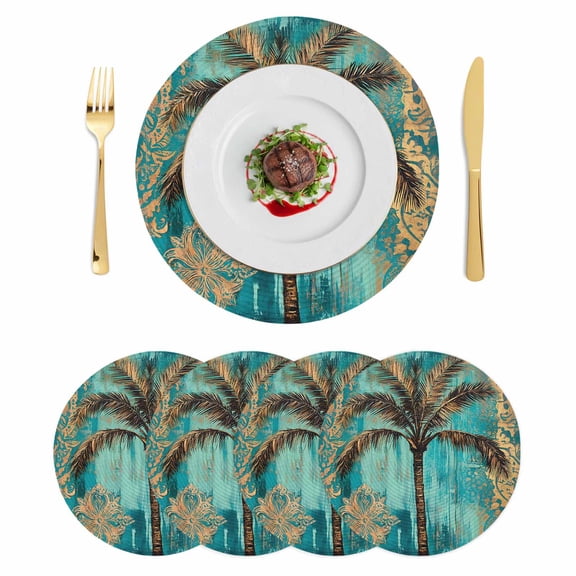 Boho Coastal Beach Round 15 Inch Placemats Set of 4, Summer Ocean Tropical Tree Flower HeatResistant Non Slip Place Mats for Dining Table, Wipeable Braided Kitchen Table Mats for Housewarming