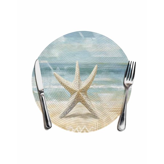Boho Coastal Beach Round Placemats for Dinning Tables, Heat-proof Braided Table Mats 13 Inch, Vintage Ocean Wave Starfish Washable Place Mat for Kitchen Restaurant Party Decor Supplies Table Setting