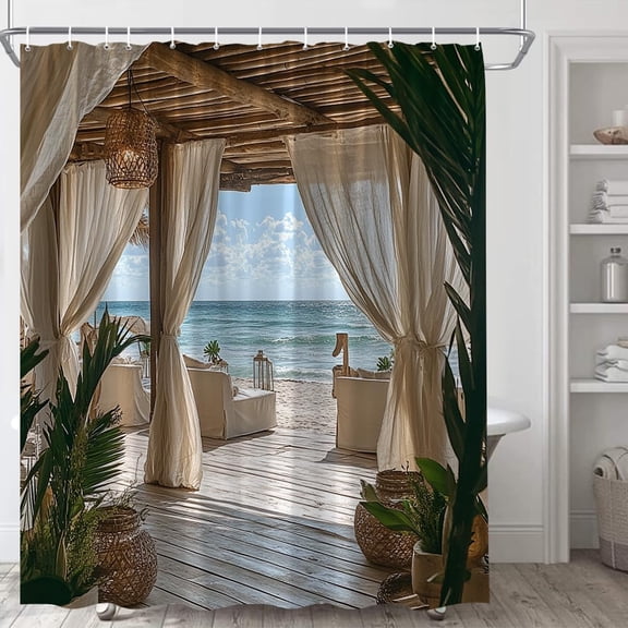 Boho Coastal Beach Shower Curtain Tropical Sea View Wooden Deck Ocean Design Nature Seascape Bathroom Curtains Sets Polyester with Hooks-48"W x 72"L (Pack of 1)