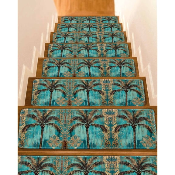Boho Coastal Beach Stair Treads for Wooden Steps Indoor Runner Rug Carpet, Summer Ocean Tropical Tree Flower 4 Pieces Peel and Stick Staircase Step Treads Covers Washable Throw Door Mats, 30"x8"