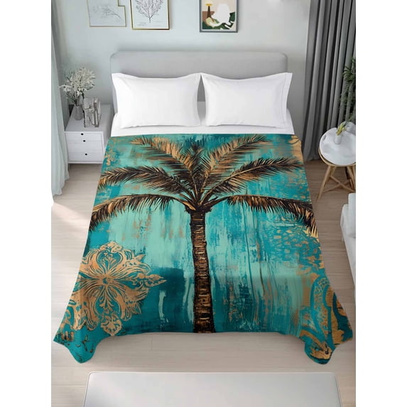 Boho Coastal Beach Twim XL Size Flat Sheet, Wrinkleproof & Fadeproof Cooling Flat Bed Sheet Only, Summer Ocean Tropical Tree Flower Breathable Soft Bedding Top Sheets 66 x 102 Inches