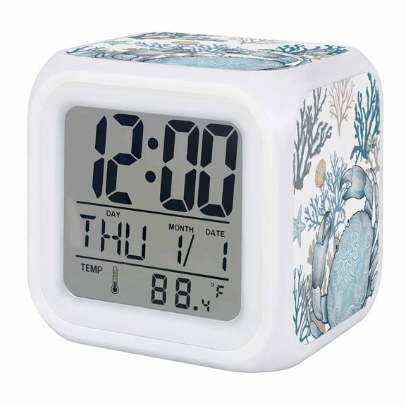Boho Coastal Crab Alarm Clock, Blue Gray Shell Coral Ocean Summer Digital Clock Night Light with 7 Color, Calendar Temperature Display, LED Desk Small Clock for Bedrooms Bedside Living Room