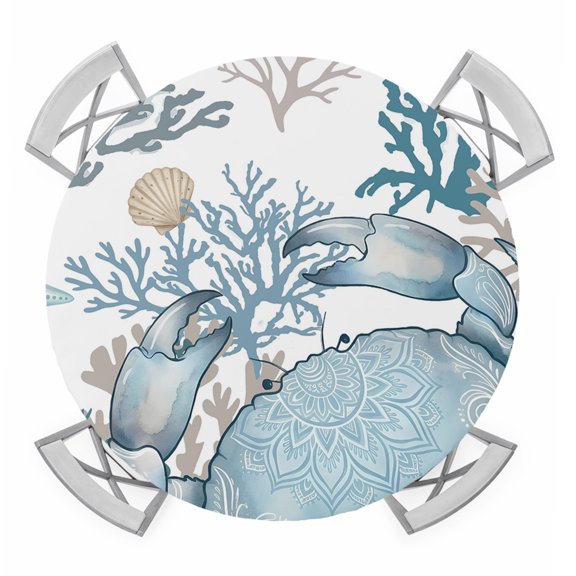 Boho Coastal Crab Round Table Cover, Blue Gray Shell Coral Ocean Summer Waterproof Fitted Tablecloths for 45"-54" Tables, Washable Picnic Table Cover for Camping Dining Indoor Outdoor