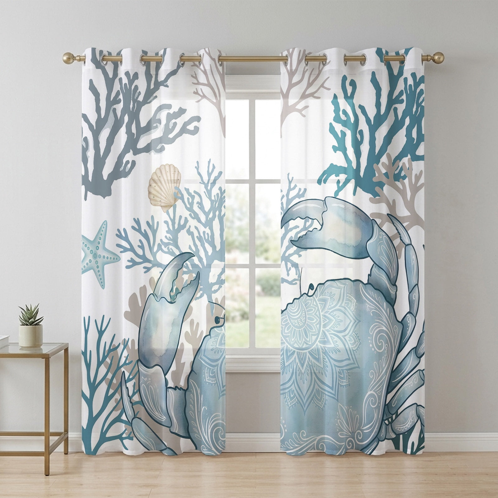 Boho Coastal Crab Sheer Curtains 63 Inch Long 2 Panels, Blue Gray Shell ...