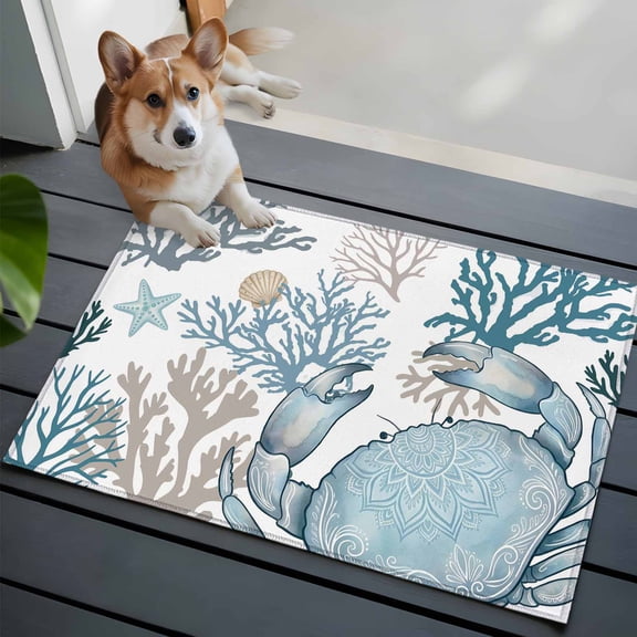 Boho Coastal Crab Washable Entry Rug 2x3 Blue Gray Shell Coral Ocean Summer Low Pile Indoor Door Mat with Rubber Backing Thin Area Rug for for Entrance, Bedroom, Kitchen, Laundry, Bathroom