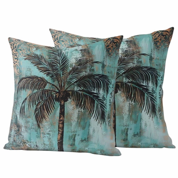 Boho Coastal Tree Outdoor Waterproof Pillow Covers, Ocean Vintage Tropical Plant Flower Decorative Square Throw Pillowcase Sofa Cushion Sham for Patio/Couch/Chair, 18"x18" 2 Pack