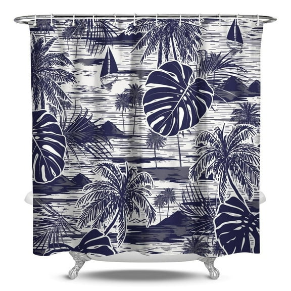 Boho Coastal Tropical Shower Curtain with Hawaiian Paradise and Exotic Palm Tree Pattern, Waterproof Polyester, Machine Washable, Hooks Included