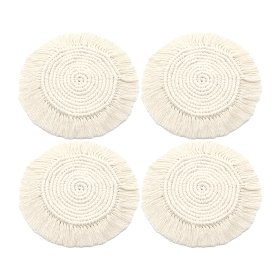 Boho Coasters Set of 4, Cute Drink Coasters Absorbent for Desk, Farmhouse Handmade Woven Macrame Coaster for Mugs Cups - Home Decor Housewarming Gift, Round Beige