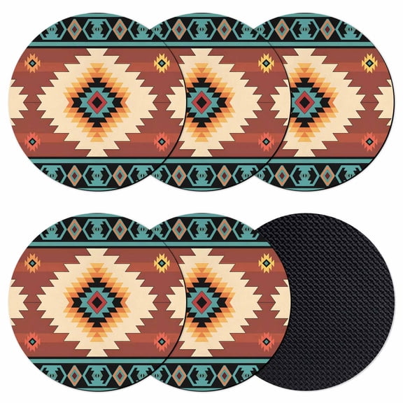 Boho Coasters Set of 6, Soft Absorbent Coasters for Drinks, Brown Turquoise Abstract Tribal Ethnic Geometric Non-Slip Cup Coaster Mat with Rubber Bottom for Home Kitchen Coffee Bar Table Decor 4"
