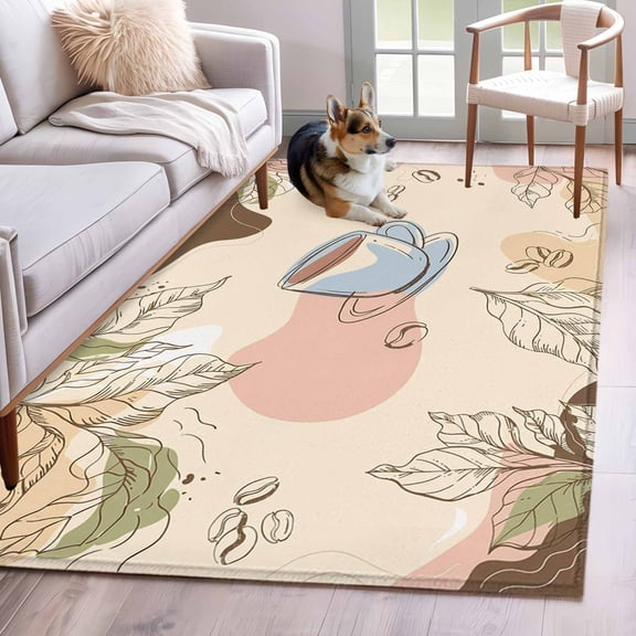 Boho Coffee Area Rug 4x6 Washable Rug Non Slip Bohemia Farmhouses Beans Leaves Plants Large Area Rug Indoor Floor Carpet for Entryway Bedroom Kitchen Living Room Home Office Dining Room Nursery