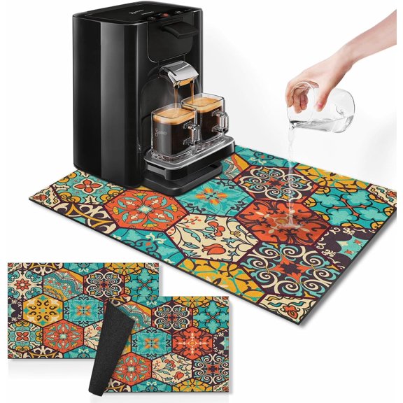 Boho Coffee Mat for Countertops, Colorful Talavera Modern Dish Drying Mat 2 Pcs for Kitchen Coffee Bar Accessories Fit Under Coffee Maker Espresso Machine Dish Rack Hide Stain Rubber