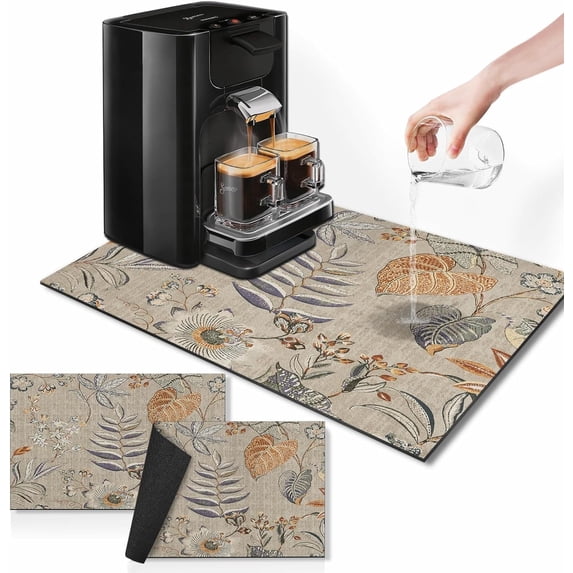 Boho Coffee Mat for Countertops, Flower Leaf Floral Vintage Dish Drying Mat 2 Pcs for Kitchen Coffee Bar Accessories Fit Under Coffee Maker Espresso Machine Dish Rack Hide Stain Rubber