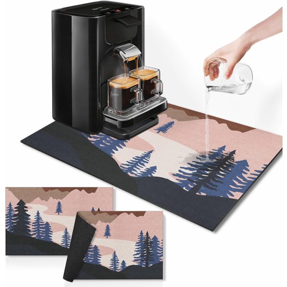 Boho Coffee Mat for Countertops, Orange Blue Tree Mountain Modern Dish Drying Mat 2 Pcs for Kitchen Coffee Bar Accessories Fit Under Coffee Maker Espresso Machine Dish Rack Hide Stain Rubber