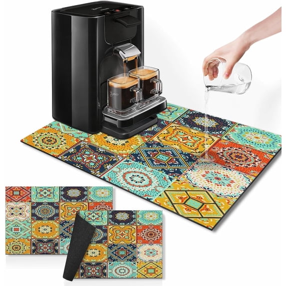 Boho Coffee Mat for Countertops, Talavera Turkish Moroccan Dish Drying Mat 2 Pcs for Kitchen Coffee Bar Accessories Fit Under Coffee Maker Espresso Machine Dish Rack Hide Stain Rubber