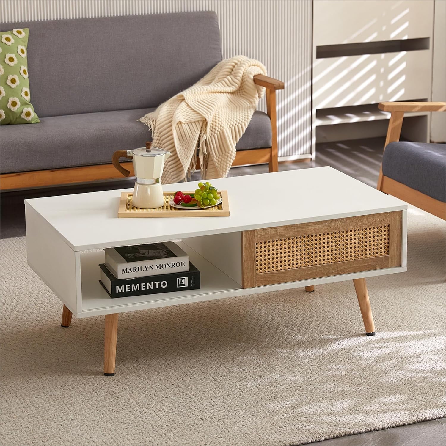 Boho Coffee Table with Natural Rattan Wicker Sliding Door, Farmhouse ...