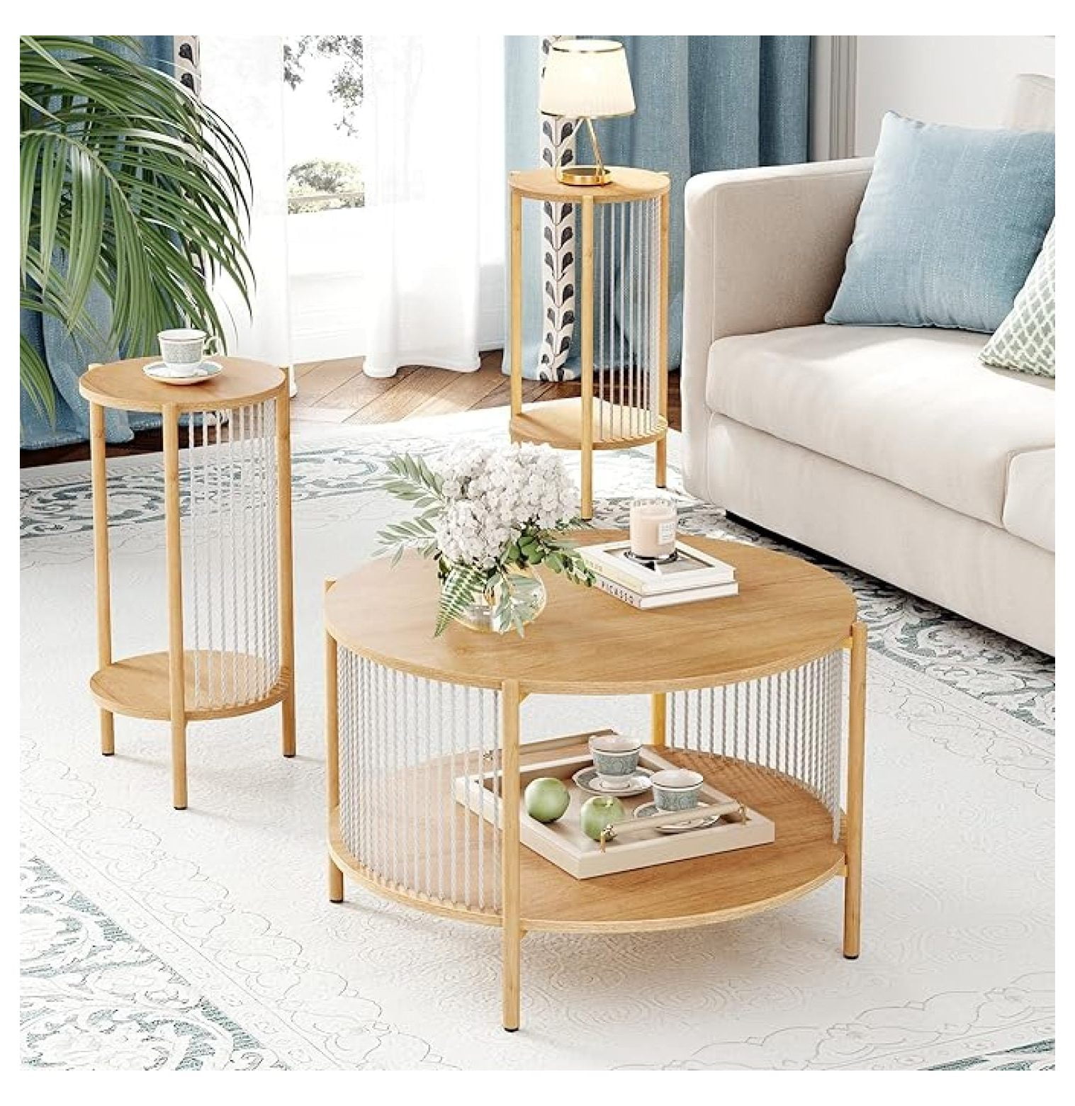 Boho Coffee Table Set of 3, Round Nested Coffee Table with Storage ...