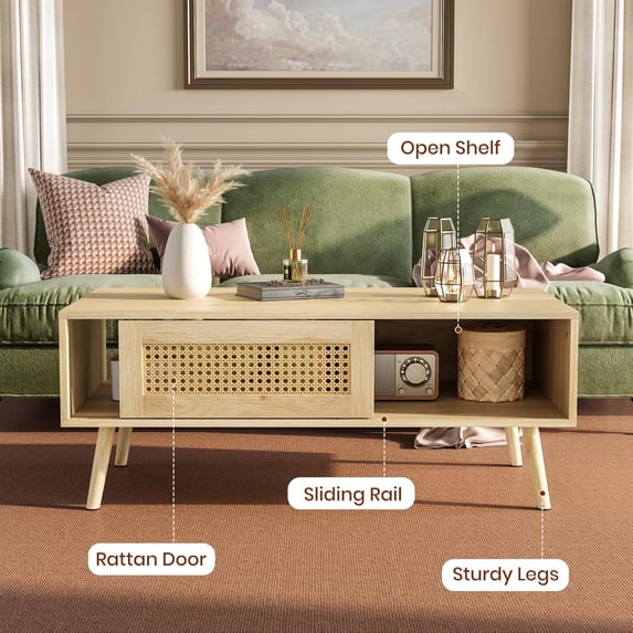 Boho Coffee Table with Storage for Living Room, Natural Wood Center Table with Sliding Door and Open Shelves, Mid-Century Modern Furniture for Small Space Apartment