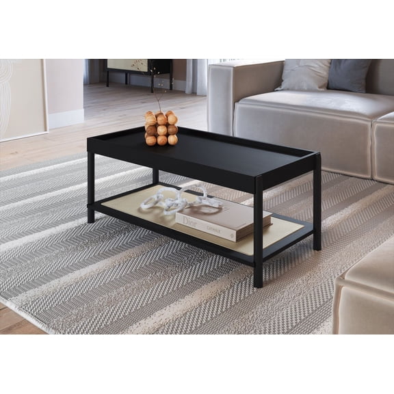 Boho Coffee Table with Wood Legs and Rattan Shelf Storage, 36.6" Wide for Living Room, Nero Black