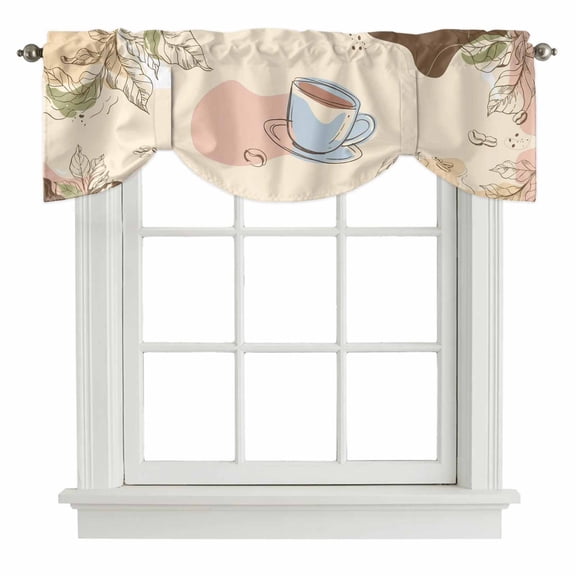 Boho Coffee Tie Up Valance Curtains for Windows, Kitchen Curtains Window Treatments, Bohemia Farmhouses Beans Leaves Plants Short Window Shades Valances for Bedroom Bathroom Cafe 42"x12"